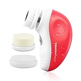 TOUCHBeauty Electric Facial Brush Skin Deep Cleansing Device with 3 Replacement Brush Head, Waterproof Facial Scrubber Exfoliator- Get Rid of Acne,Spot,Blackhead Travel Set Light Red TB-1387