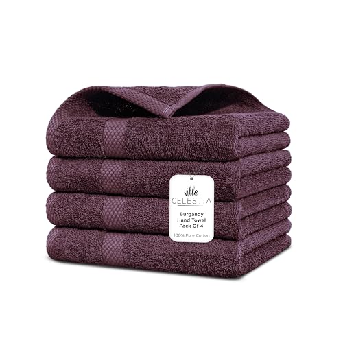 Image of Villa Celestia Cotton Hand Towels Set of 4, 16 x 28, Oeko-TEX Certified, Quick Dry, Burgandy