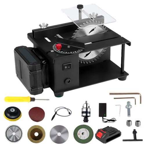Mini sierra circular de mesa, sierra de mesa de precisión con batería de 3000 mAh, 8 accesorios multifuncionales, bandas de lijado, altura de corte 35 mm, diámetro de corte 110 mm, para cortar, lijar