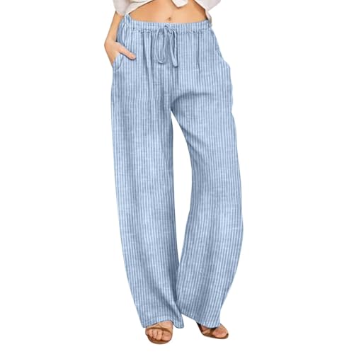 SHOPESSA Wide Leg Linen Pants for Women Soft Casual Drawstring Tie Elastic Waist Loose Pants Summer Beach Pockets Trousers
