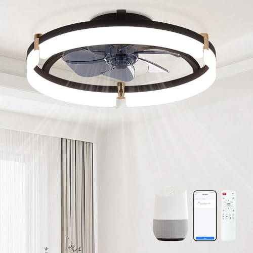 Smart Ceiling Fans with Lights Remote - 20 WiFi Alexa Flush Mount Low Profile Modern Ceiling Fans for Bedroom - Stepless Color Temperature and 6 Speeds - Black