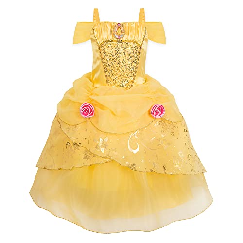 Disney Déguisement pour enfants Belle de Store, La Belle et la Bête, 1 pièce, tenue de fête, robe jaune glamour avec corsage à sequins en satin et jupe en tulle à superpositions