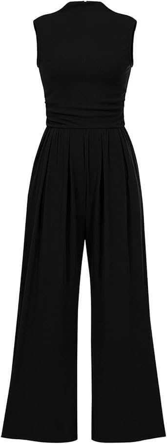 Womens Sleeveless Jumpsuit Mock Neck Wide Leg Pants Perfect for Summer Casual Wear Features Convenient Pockets