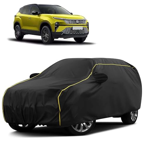 Image of Sulfar 100% Water Resistant Car Body Cover Compatible with Mirror for Tata Harrier (Triple Stitched, Full Bottom Elastic, Black Taffeta with Yellow Piping)