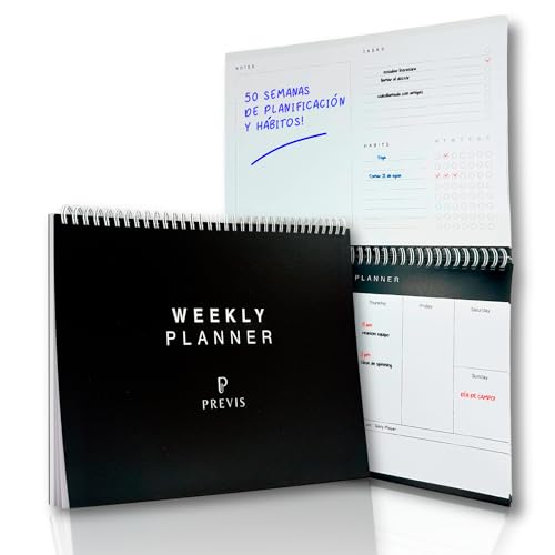 PREVIS Planificador Semanal A4 Productivo -50 Semanas Papel 100g - Weekly Planner 2025 con Calendario Semanal Ideal para Organizar Agenda - Planeador, Planner, Organizador Semanal, Diario y Mensual
