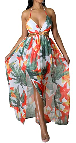 Image of Qikaka Women's Sleeveless Deep V Neck Floral Printed Metal Chain Bodycon Sexy Nightclub Party Boho Dress