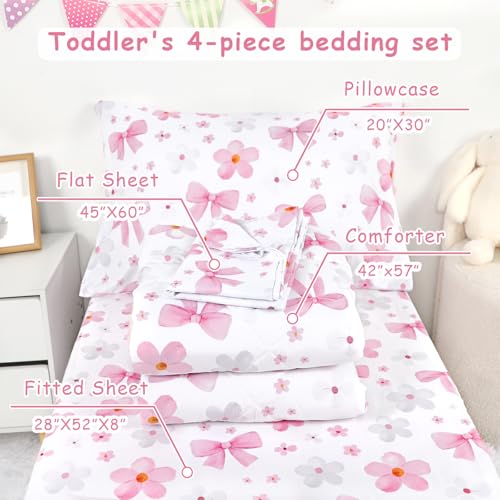 Image of Hooyax Toddler Bedding Set for Girls - 4 Piece Bow Toddler Comforter Set Includes Fitted Sheet, Comforter, Pillowcase & Flat Sheet - Soft Comfort Microfiber for All Seasons