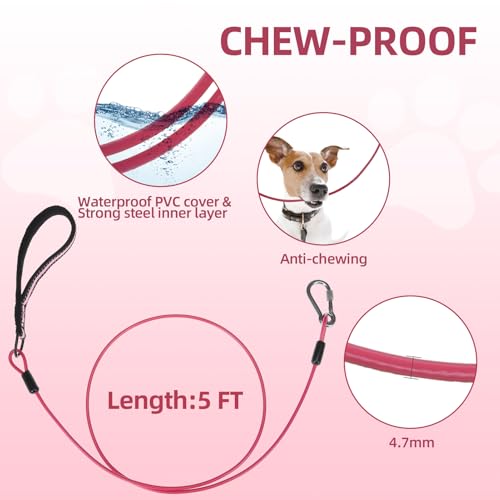 Image of Mihachi Dog Leash Chew Proof, Soft Reflective Padded Handle Dog Chain Leashes, Waterproof Anti Biting Pets Leashes, Stainless Steel Wire Rope Lead for Small Medium Large Dogs Outdoor, 5FT, Pink