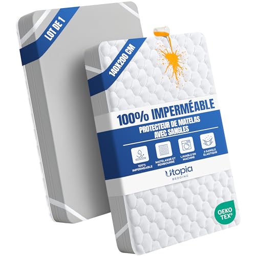 Utopia Bedding Protège-Matelas matelassé imperméable, Housse de Protection matelassée imperméable avec Bandes élastiques, 4 Bandes élastiques aux Coins Extensibles jusqu'à 30 cm (Blanc, 140 x 200 cm)