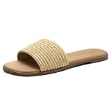 Athlefit Tan Raffia Flat Sandals for Women Dressy Square Open Toe Comfortable Slip On Beach Casual Slide Sandals Size 5.5