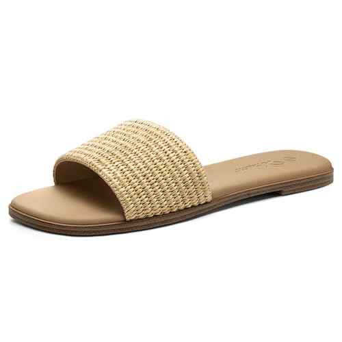 Image of Athlefit Flat Sandals Women Dressy Square Toe Raffia Summer Slide Sandals