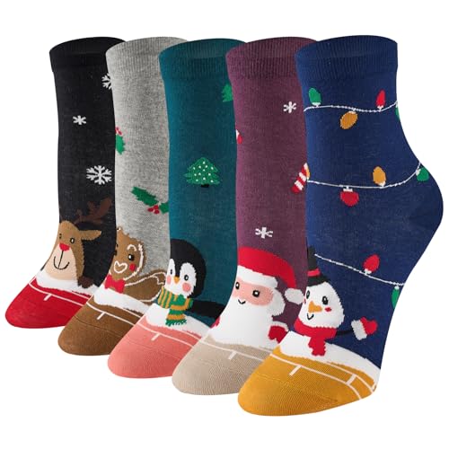Niorasen Bunte Lustige Socken Damen aus Baumwolle 5 Paar, Neuheit Weihnachtssocken Katzensocken Motivsocken, Witzige Coole Süße Karikatur Tier Motiv Socken Geschenk für Frauen, Xmas