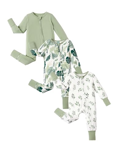 Baby Boy Footie Pajamas, Bamboo Viscose, 2 Way Zipper & Non-Slip Soles, 3 Pack Green Leaves, 3-6 Months