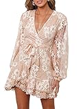 FARYSAYS Women's Long Sleeve Lace Wrap Mini Dresses with Belt Spring Flowy Floral V Neck Ruffle Bowknot Wedding Short Dress for Ladies Apricot X-Large