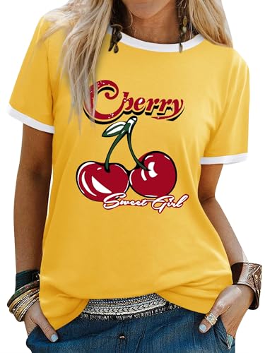 Image of Dresswel Women's T-Shirts Sweet Girl Cherry Graphic Print Tshirt Crew Neck Short Sleeve Color Block Summer Tee Tops