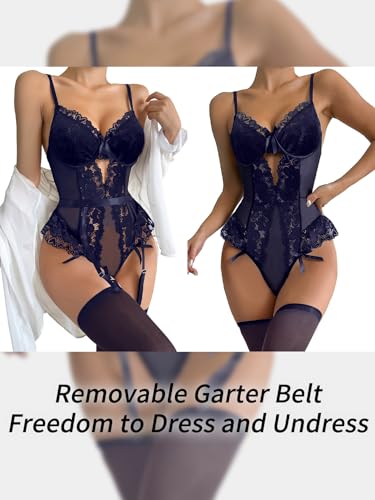 Image of Lilosy Sexy Stocking Lace Mesh Bodysuit Top Underwire Garter Lingerie Set 3 Piece