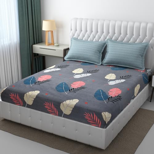 Image of IVAZA Ezyption Cotton Soft and Warm Mix N Match Bedsheet Set for Double Size Bed Soft Durable bedsheet with 2 Pillow Cover Grey Leaf