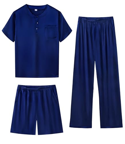SWOMOG Mens Satin Pajama Sets 3 Pieces Silky Sleepwear Classic Short-Sleeve Pjs Sets Long Pants & Shorts with Pockets