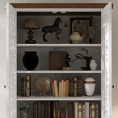 Image of 66.1 inch Tall Storage Display Cabinet, Handmade Hollow Carved Cabinet, Vintage Accent Storage Sideboard with 2 Drawers & 5-Tier Shelves for Living Room, White