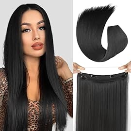 Isaic Black Hair Extensions for Women 24 Inch Straight Invisible Wire Hair Extensions Heat Resistant Synthetic Invisible Adjustable Size 4 Secure Clips Hairpiece for Daily Party Use
