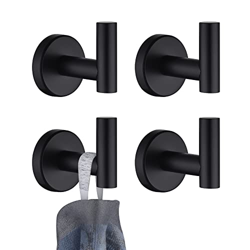 Image of JQK Black Bathroom Towel Hook, Coat Robe Clothes Hook for Bathroom Kitchen Garage Wall Mounted (4 Pack), 304 Stainless Steel Matte Black, TH100-PB-P4
