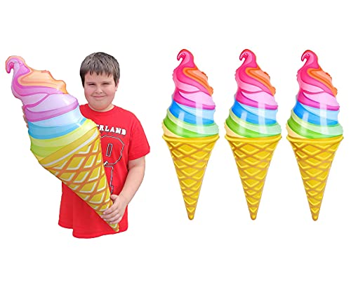 Zugar Land Rainbow Ice Cream Cone Inflates (33") Vinyl. (3 Pack) Colorful Large Huge Soft Ice Cream Swirl Display Decor Balloon