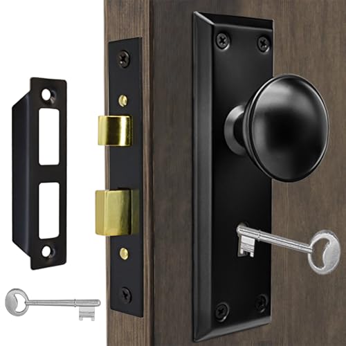 Antique Interior Door Knobs Mortise Lock Set with Skeleton Key Locks Vintage Door Hardware Parts Fit 1-3/8 -1-3/4 Thick Doors 2-3/8 Backset Reversible Latch Matte Black 1 Pack