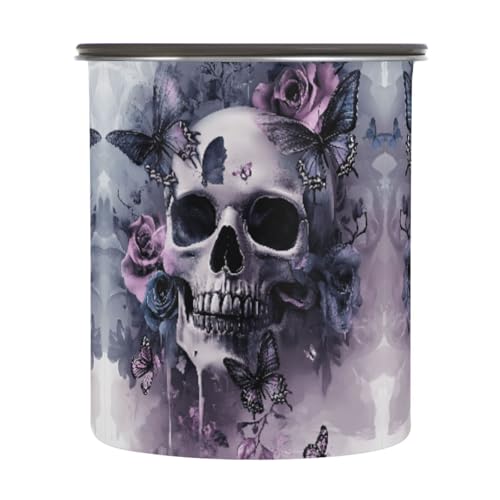 Quteprint Recipientes de almacenamiento de café de acero inoxidable con tapa hermética, calavera gótica, rosas, mariposa, contenedor de almacenamiento de alimentos de 17 onzas, recipiente de cocina