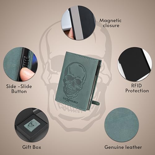 Image of The X Project Genuine Leather Wallet for Men | RFID Blocking Slim Bifold Wallet | Quick Card Eject Mechanism | Coin Pocket & ID Window | Premium Gift Box | Bold Skull Design (Blue)
