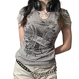 Damen Y2K Kurzarm-Oberteil Shirt Feen-Grunge Grafikdruck T-Shirts Vintage Ästhetisches Crop-Top Gothic Streetwear, S