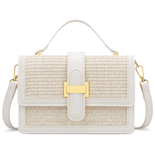 KKXIU Top Handle Straw Purse for Women, Summer Straw Crossbody Bag, Handbag Shoulder Clutch Beach Vacation Bag (A-White)