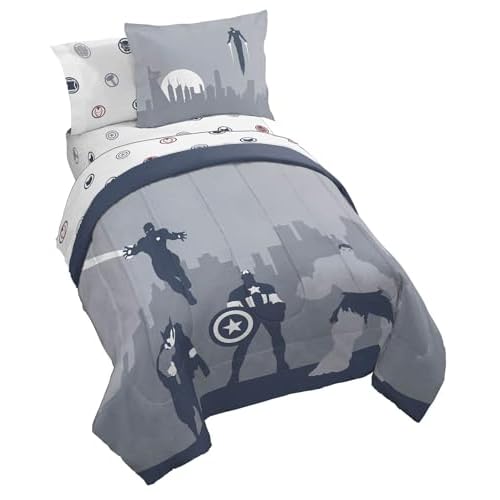 Jay Franco Marvel Avengers - Juego de edredón de tamaño matrimonial, ropa de cama de 7 piezas, incluye juego de sábanas y fundas de almohada, ropa de cama súper suave y acogedora con Capitán América,
