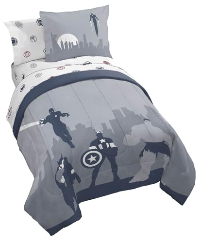 Jay Franco Marvel Avengers - Juego de edredón de tamaño matrimonial, ropa de cama de 7 piezas, incluye juego de sábanas y fundas de almohada, ropa de cama súper suave y acogedora con Capitán América,
