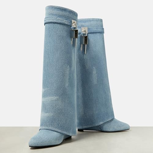 Image of Arqa Medium Blue Fold Over Knee High Boots Covered Wedge Heels Western Cowboy Boots Almond Toe Wide Calf Dress Party Shoes Size 4