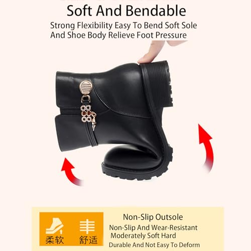 Women'S Leather Low Block Heel Booties Fashion Round Toe Rhinestones Warm Fully Fur Lined Side Zipper Platform Snow Boots2