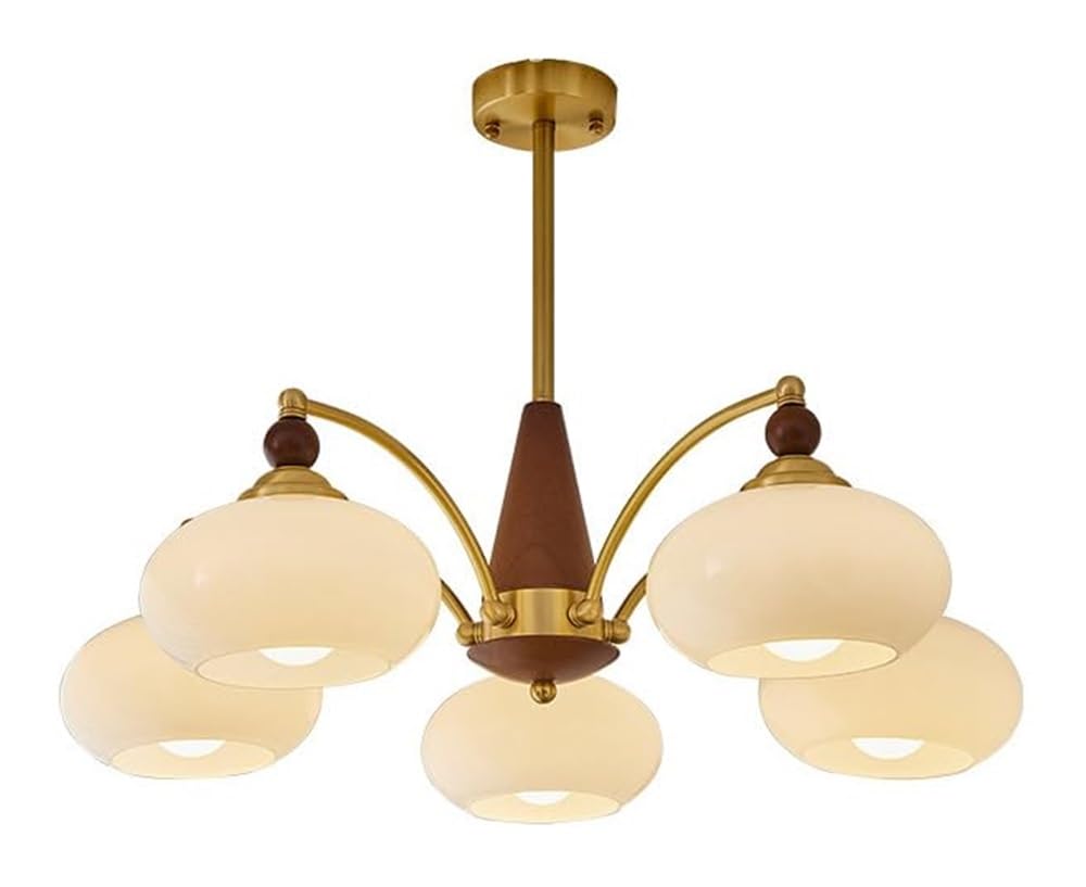 Suspension rustique en bois et laiton avec 5 lumières en verre laiteux pour salon