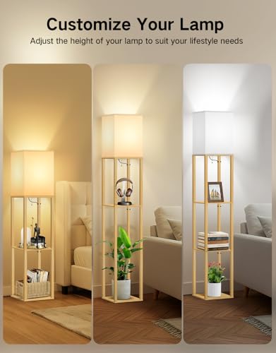 OUTON Stehlampe Holz mit Regal, 158 cm Stehleuchte, 3 Ablagen, 3 Farbtemperaturen, inkl. 9W E27 LED-Leuchtmittel, Stoffschirm für Wohnzimmer, Schlafzimmer, Büro, Flur und Gästezimmer