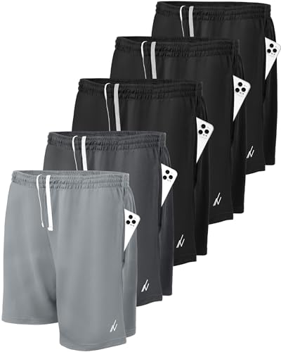 NY Threads 5 Pack Men's Athletic Shorts Quick Dry Loose-Fit Lightweight Running Workout Gym Shorts with Pockets, Large, 3 Black/Dark Grey/Medium Grey