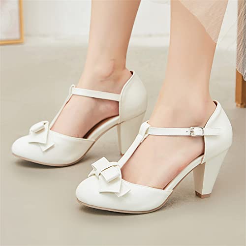 Image of Elbslutt Women's Cute Retro Rockabilly Shoes T Strap Mary Janes Heels Chunky Cosplay Shoes Sweet Block Heeled Bow Pumps