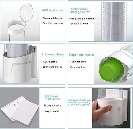 QUIRA Self Adhesive Paper Cup Glass Dispenser Holder, Wall Mounted Plastic Drinking Water Cup Dispenser 1