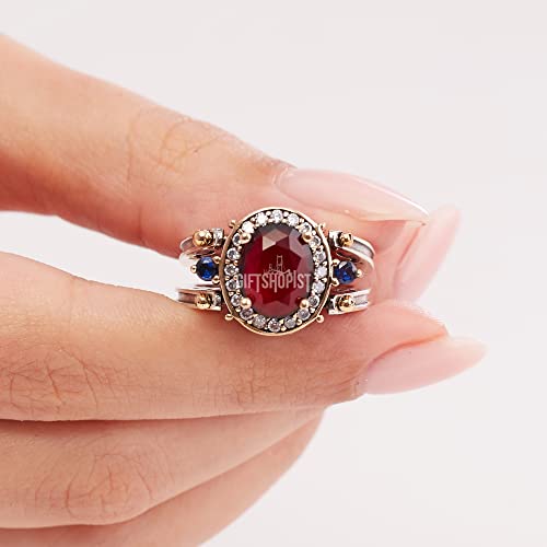 Turkish Handmade Jewelry Reversible Oval Shape Sapphire Ruby Round Cut White Topaz 925 Sterling Silver Ring Size All #TOP7