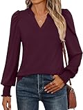 ANRABESS Women's Puff Long Sleeve Shirts V Neck Loose T-Shirts Dressy Casual Work Blouses 2025 Fall Tops Trendy Clothes Burgundy L