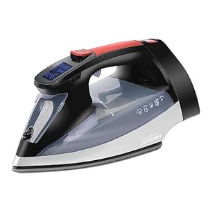 Sunbeam Professional 1700W Digital Steam Iron, 11-Heat Settings, Multi-Color LCD Display Screen, Precision Ironing, Horizontal or Vertical Shot of Stem, 8′ Retractable Cord, Black and Red
