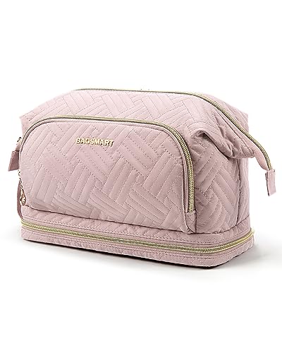 Image of BAGSMART Travel Makeup Bag, Cosmetic Bag Make Up Organizer Case, Dorm Room Essentials Large Wide-open Pouch Women Travel Essentials Double Layers Purse for Toiletries Accessories Brushes Pink