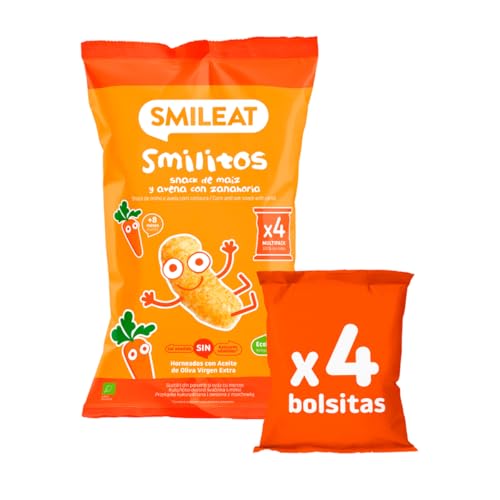 Smileat - Smilitos Snack Sabor a Maíz, Avena y Zanahoria - Sin Azúcar Añadido, sin conservantes, Sin Huevo - Snack Ecológico para Peques a Partir de 8 Meses - 48g