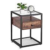 VECELO サイドテーブル ナイトテーブル ベッドサイドテーブル ブラウン ブラック 40×40×55cm強化ガラス製 引き出し付き ソファ横 ベッド横 モダン オシャレ【日本正規輸入品】