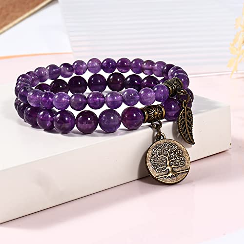Bivei Amethyst Quartz Beaded Bracelets Chakra Crystal Healing Tree Of Life And Leaf Charm Bracelet Natural Semi-Precious Gemstone Stretch Bracelets Set For Women Calm And Anxiety Relief #TOP5