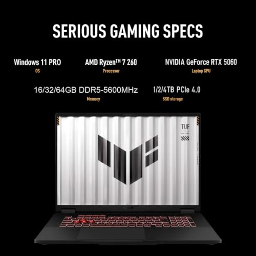 Image of ASUS TUF A18 Gaming Laptop, AMD Ryzen 7 260 (16 Tops XDNA NPU), NVIDIA GeForce RTX 5060, 18 inch FHD+ 144Hz 3ms Display, 64 GB DDR5 RAM, 4 TB SSD, RGB KB, Copilot AI, Windows 11 Pro, Gaming Accessories