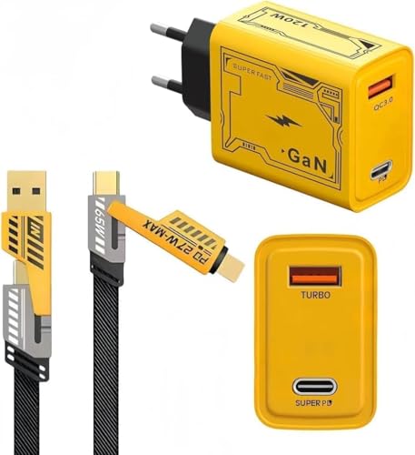 محول شاحن غان فائق السرعة بقدرة 120 واط مع كيبل شحن 4 في 1، شاحن حائط مزدوج المنافذ (USB + نوع سي)، متوافق مع ايفون واندرويد والتابلت، شحن عالي السرعة، ضمان لمدة 24 شهر