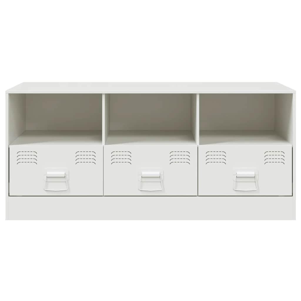 Mobile TV bianco in acciaio laminato a freddo, 99 x 39 x 44 cm, con 3 cassetti e scomparti, credenza bassa per soggiorno, spazio per tavolo TV, HiFi, soundbar, salvaspazio, moderno